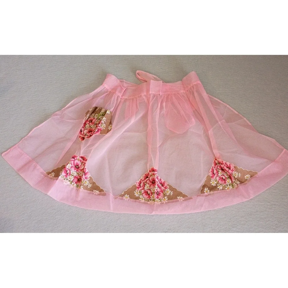 Vintage Handmade Half Apron Sheer Pink Floral Shabby‎ Chic Cottagecore Cute